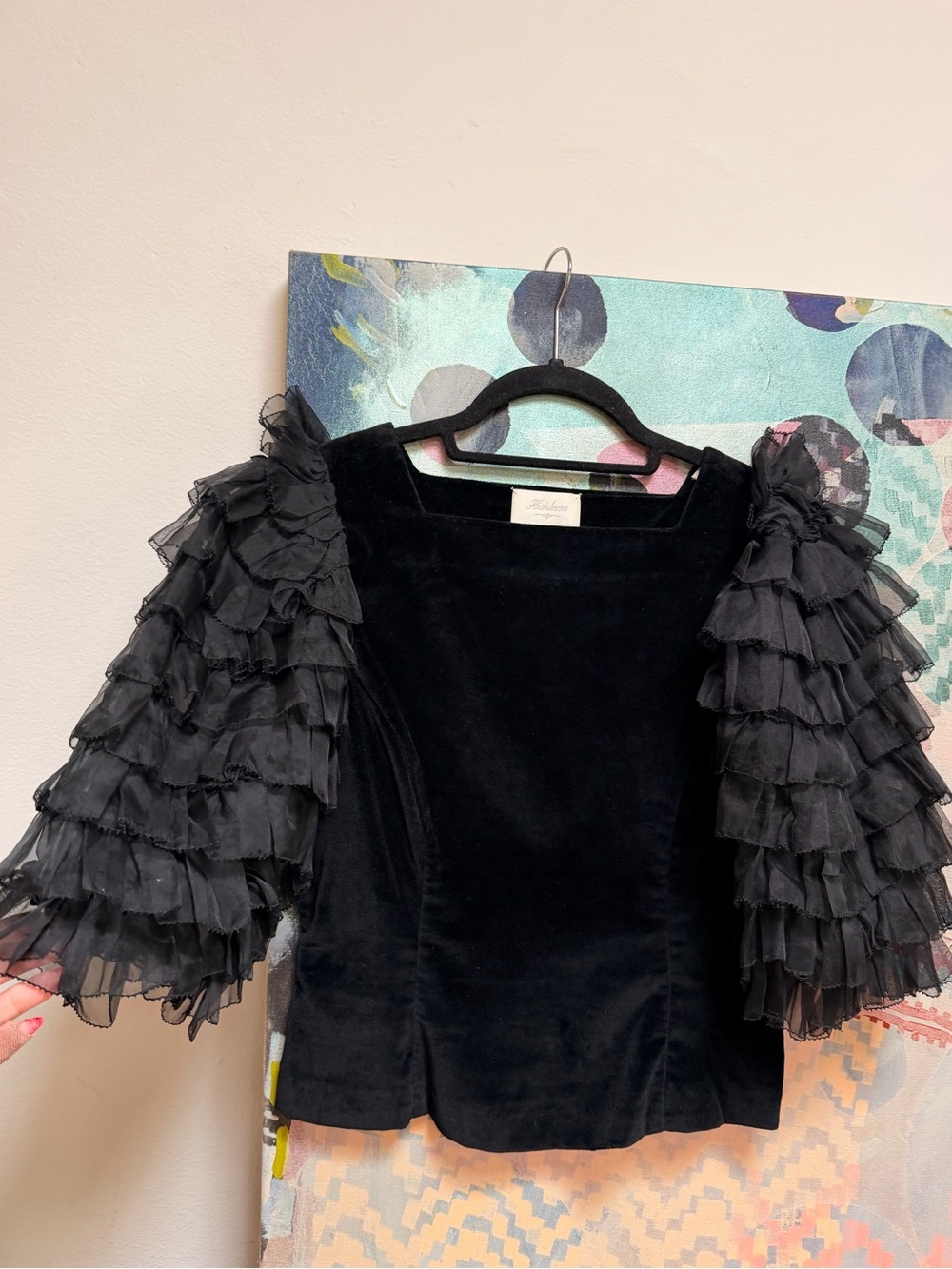 DÔEN Heirloom Black Ruffle-Sleeve Clarette Top Velvet and Silk Sz XS - Picture 6 of 12